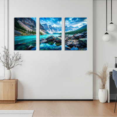 Ensemble de 3 tableaux sur toile représentant un paysage de lac de montagne
