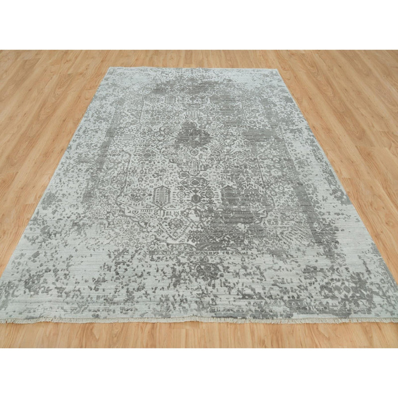 Tapis oriental en laine et soie gris noué à la main 9 pi x 12 pi 1 po 639534C572614D43B9B364E418099A0C