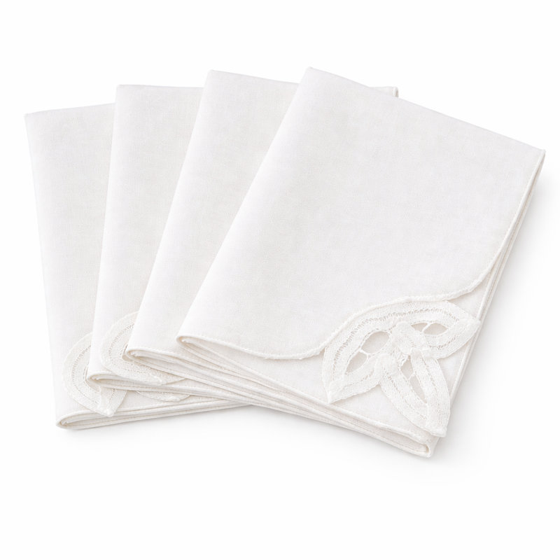 Elegant White Embroidered Tea Napkins Battenberg Lace Cotton Cloth Napkins 12" X 12", Set Of 4