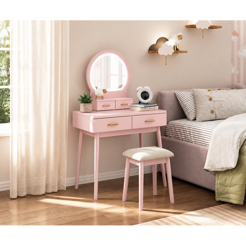 Kamila 4-Drawer Modern Makeup Vanity Set · LED Smart-Touch Mirror · Padded Stool, Pink