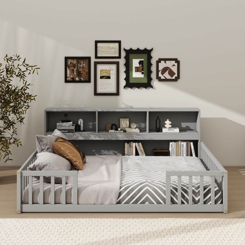 Lit double pleine grandeur avec bibliothèque intégrée et tablettes multiples, Gris