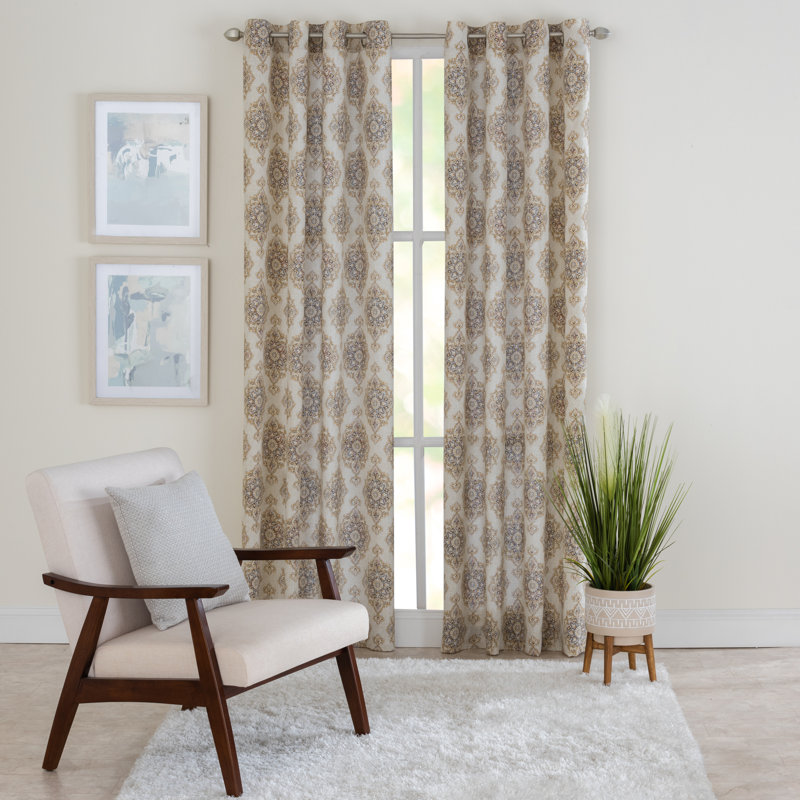 Quintara Polyester / Cotton Light-Filtering Medalion Print Curtain Panel with Grommet Top, 50" W x 84" L, Yellow/Gray
