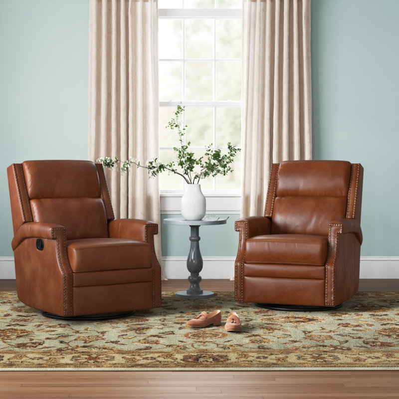 Manning 29.6" Wide Genuine Leather Manual Swivel Rocking Standard Recliner, Dove Genuine Leather