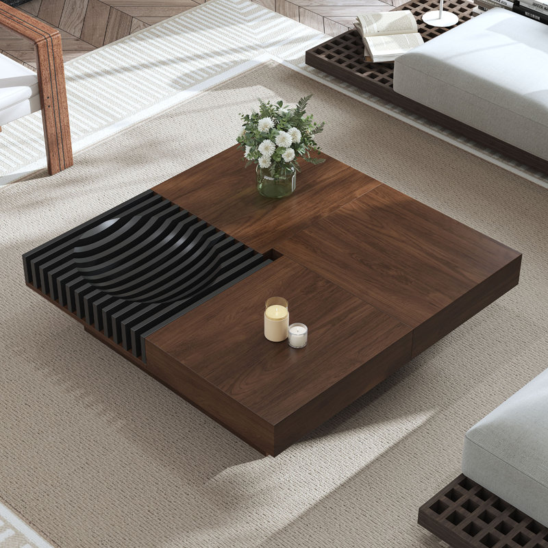  Table basse carrée moderne de 47,2 po avec rangement, table d'appoint moderne noyer Mid-Century avec tiroirs cachés et plateforme concave noire