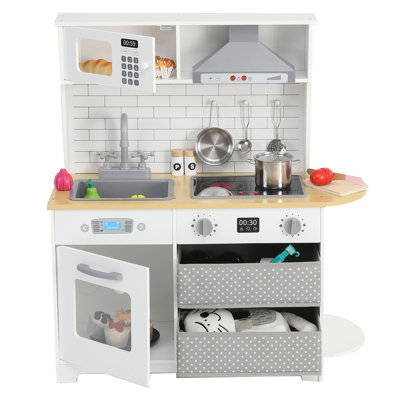Modern Wooden Play Kitchen Set for Kids – Realistic Lights & Sounds – Storage Cabinets – Complete Cookware Accessories, White