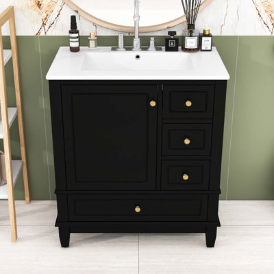 Meuble-lavabo simple contemporain en bois avec lavabo en céramique, grand rangement et porte à fermeture en douceur