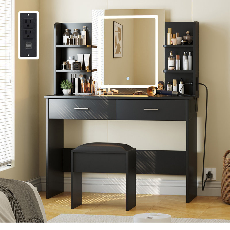 Ensemble de coiffeuse avec miroir lumineux, prise de courant, tabouret, 6 tablettes de rangement, 2 grands tiroirs et 3 lumières à luminosité réglable