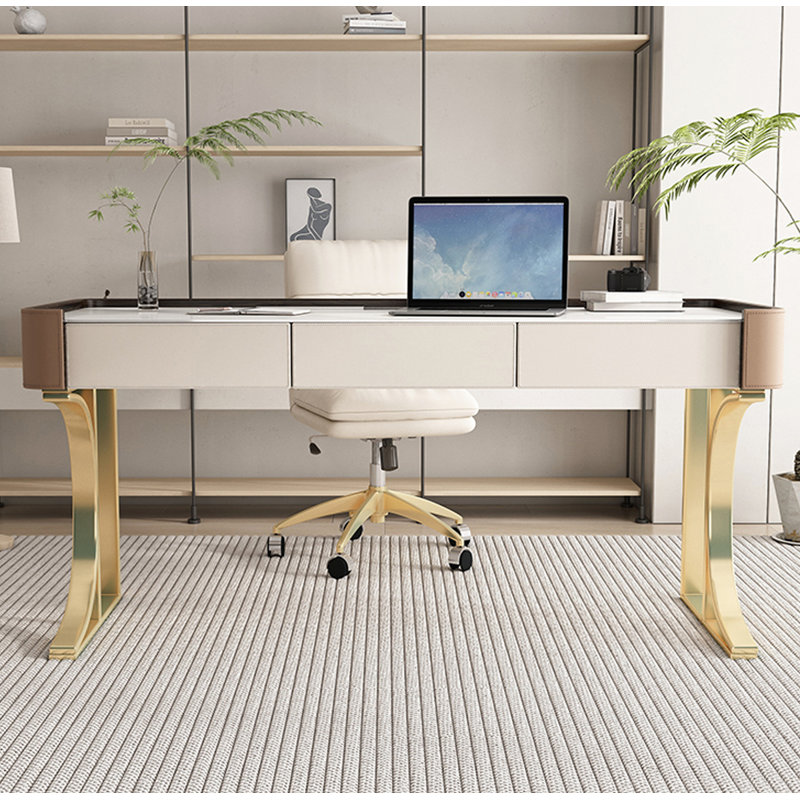 Bureau en acier fritté clair de luxe clair et acier inoxydable, H 29,5 po x l 55,1 po x P 23,6 po