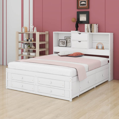 King Size Platform Bed With 8 Storage Drawers And Bookcase Headboard, Storage Bed Frame