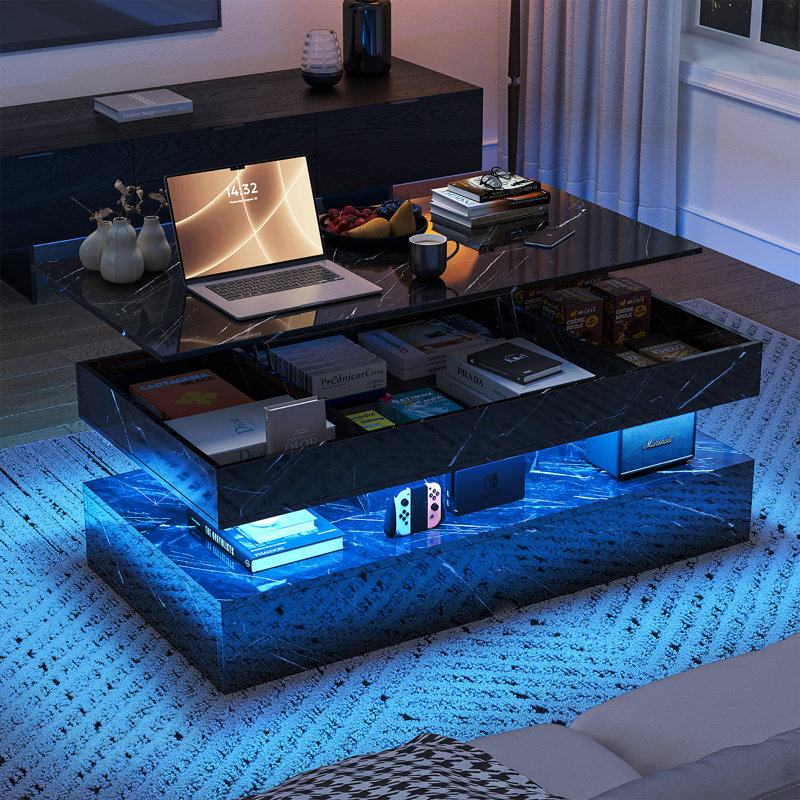 Table basse à plateau relevable de 47 po avec lumières à DEL et station de charge, centre de table moderne ultrabrillant avec 2 tiroirs de rangement, conception à double couche