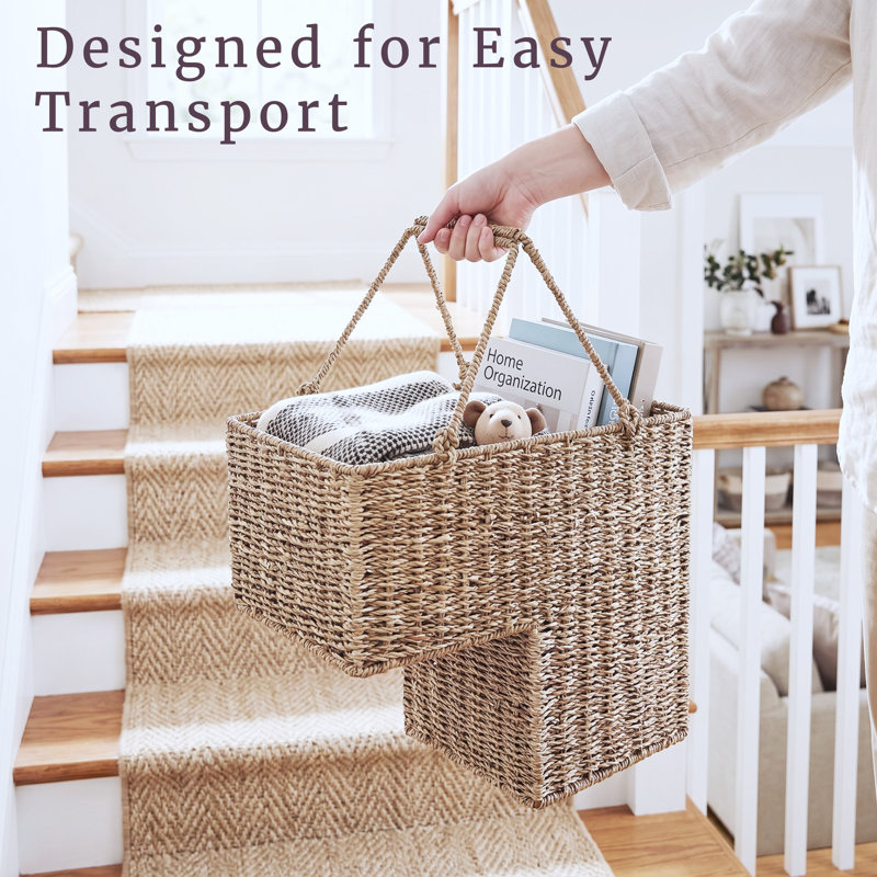 DTX Intl 14-Inch Wicker Staircase Basket with Handles - Handmade L-Shaped Woven Seagrass Stair-Style Storage Organizer - Durable Container