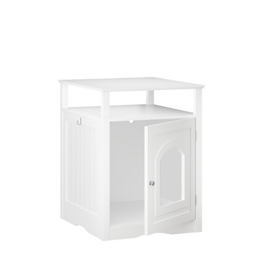 White Wooden Cat Litter Box Enclosure with Open Storage Shelf and Side Hook, Modern Hidden Litter Box Furniture Side Table for Living Rooms and Bedrooms, Private Cat House Cabinet