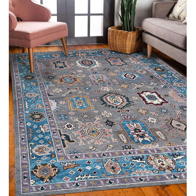 Tapis à motif de médaillon traditionnel en laine noué à la main 8 x 10 po gris