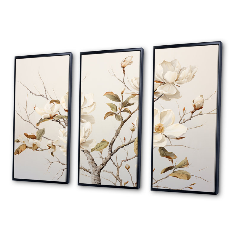 «Minimalisme blanc Magnolias Blossom - Magnolias», ensemble de reproductions d'art mural, Cadre flottant noir