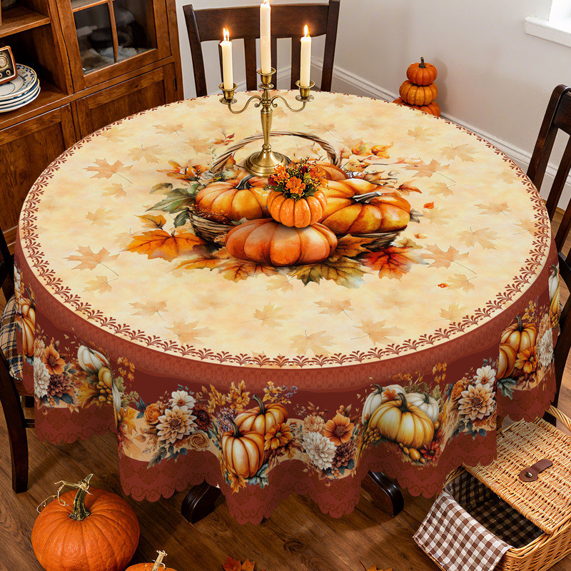 Golden Pumpkin Design Machine-Washable Polyester Tablecloth