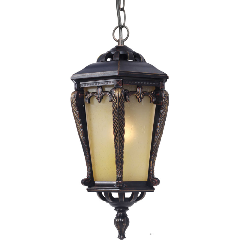 Bock 1-Light Indoor or Outdoor Golden Rust Aluminum Mini Pendant with Tapered Champagne Bubble Glass