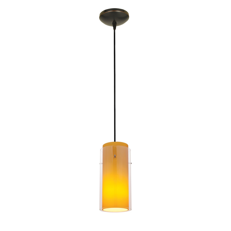 Luminaire suspendu cylindrique à 1 lumière Clarksburg, Ambre transparent, Bronze huilé