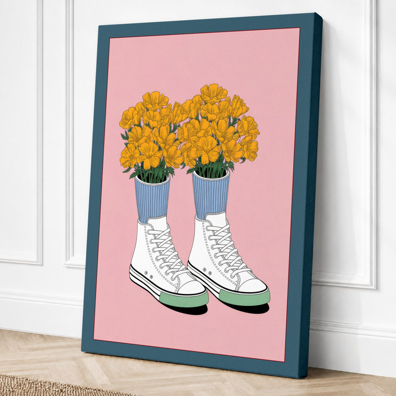 Sneakers in Bloom Modern - Wrapped Canvas, 24x16 - 61.0 x 40.6 cm, Teal Border