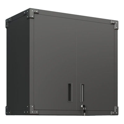 Wall Mounted Metal Tool Holder Cabinet. 2 Locking Doors, 1 Adjustable Shelf, Opened Drawer. For Garage, Warehouse, Office. Strong, Black, Modern Storage Cabinet With Mount Feature.