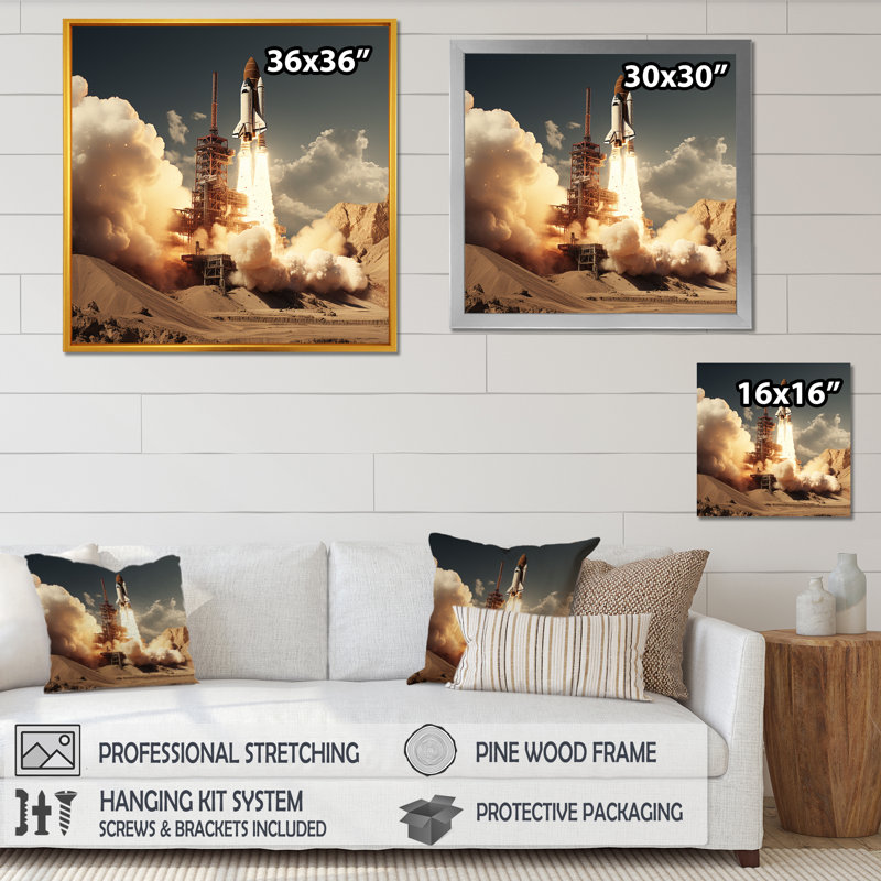 Rafale de fusée expressionniste rétro, Cadre flottant doré, H 36 po x l 36 po x P 1,5 po