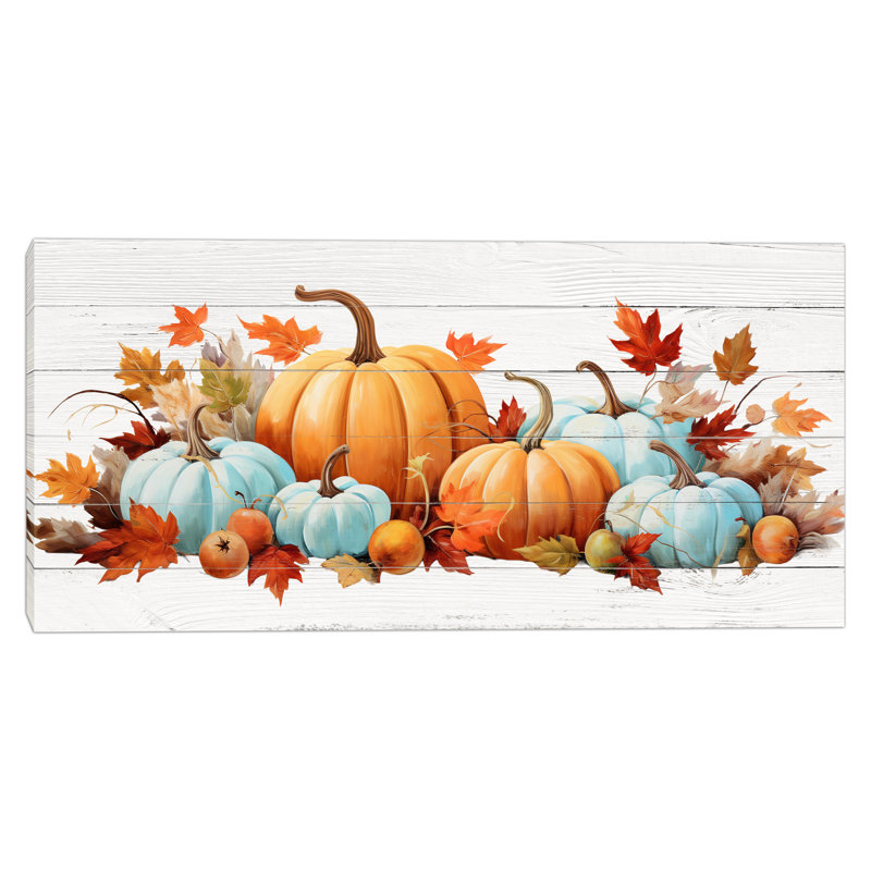 «Blue and Orange Pumpkins with Autumn Leaves», art mural sur toile tendue, H 27,5 po x l 55 po