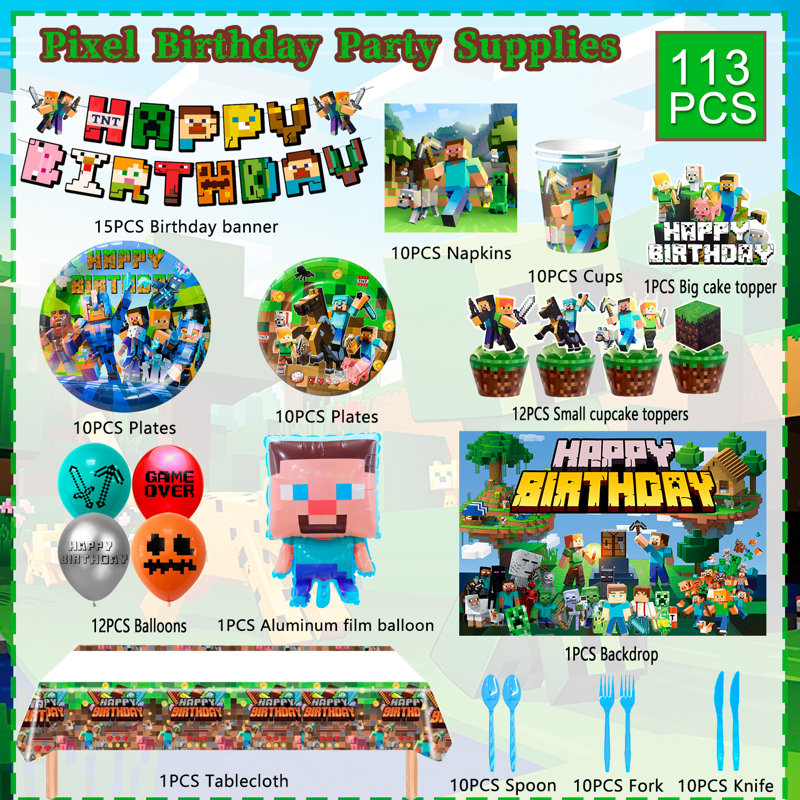 Ensemble de décorations de fête d'anniversaire Minecraft, 113 pièces Minecraft Articles de fête et ensemble de vaisselle pour enfants Minecraft