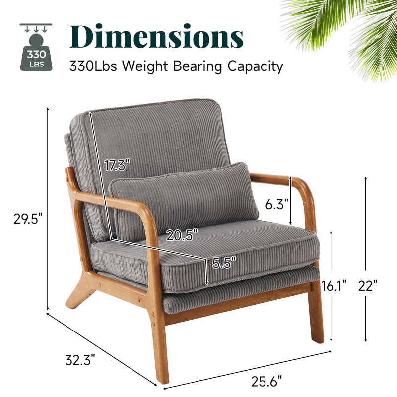 Lemley Mid Century Solid Wood Accent Chair Upholstered Armchair With An Extra Pillow （Set Of 2), Gray Corduroy