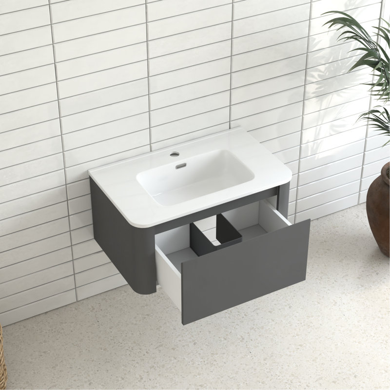 30" Wall Mounted Grey Bathroom Vanity With Seamless White Ceramic Basin, Sleek Floating Look, 45 Angled Handle, Soft-Close Drawer, Wear- Surface, Organized Storage, European Style 30-Inch Integrated