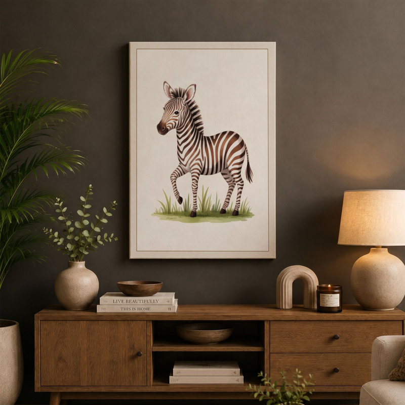 Young Zebra Portrait Botanical - Wrapped Canvas, 18x12 - 45.7 x 30.5 cm, Sage Border
