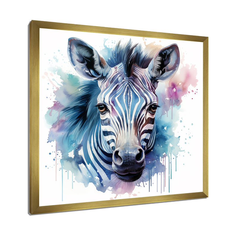 Bleu et rose, zèbre, savane, art mural zèbre, H 16 po x l 16 po x P 1 po, Cadre doré simple