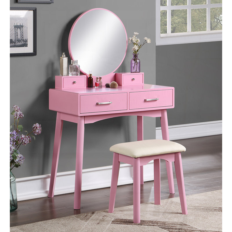 Ensemble coiffeuse et tabouret contemporain en bois, Rose