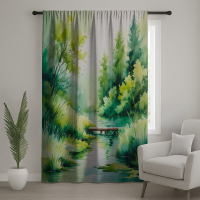 Watercolor Forest Scene Window Curtains, Landscape Sheer & Blockout Curtains - 1 Panel