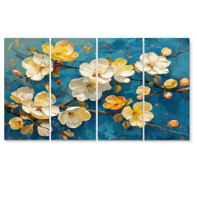 «Blue Apple Blossom Blooming Paradise» - art mural fleur de pommier, H 32 po x l 64 po