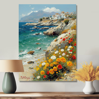 «Blooming Yellow Flowers Beach Town On The Rocks» - art mural plage de sable côtier