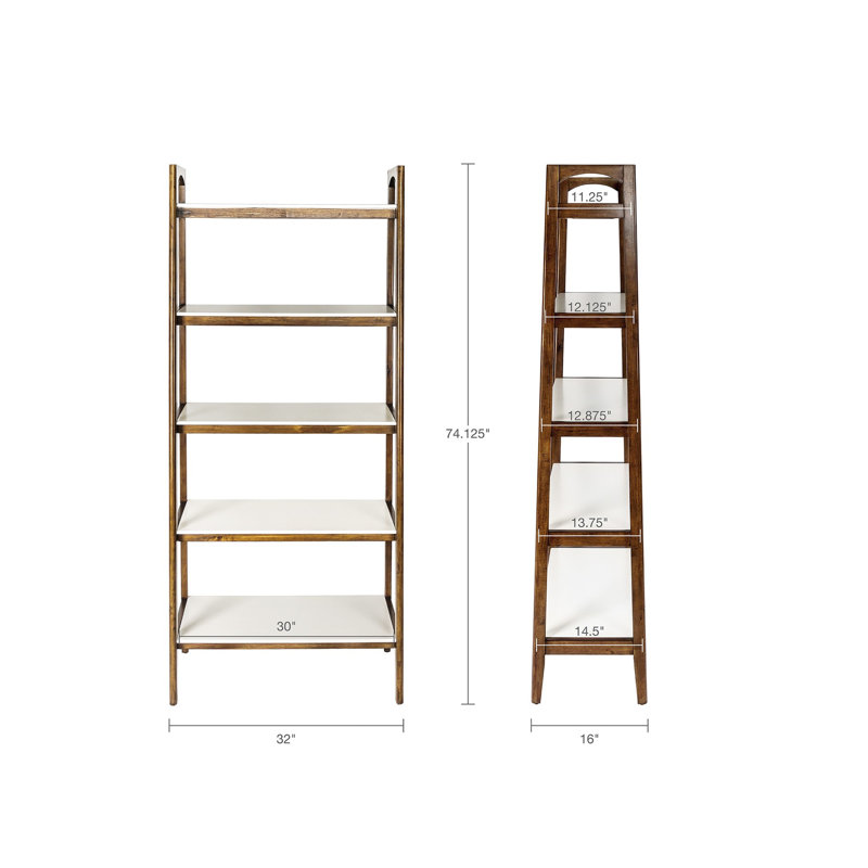 Bibliothèque élégante à 5 tablettes Mid-Century avec étagères en bois massif et matériaux robustes, Off White/Pecan