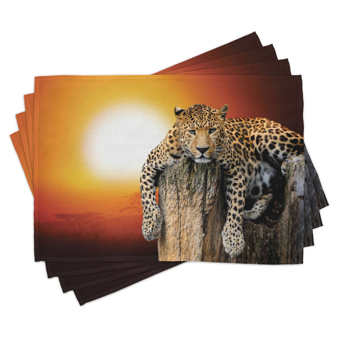 Platzdeckchen 4er Set, Savanne Leopard auf Baum, Orange Braun