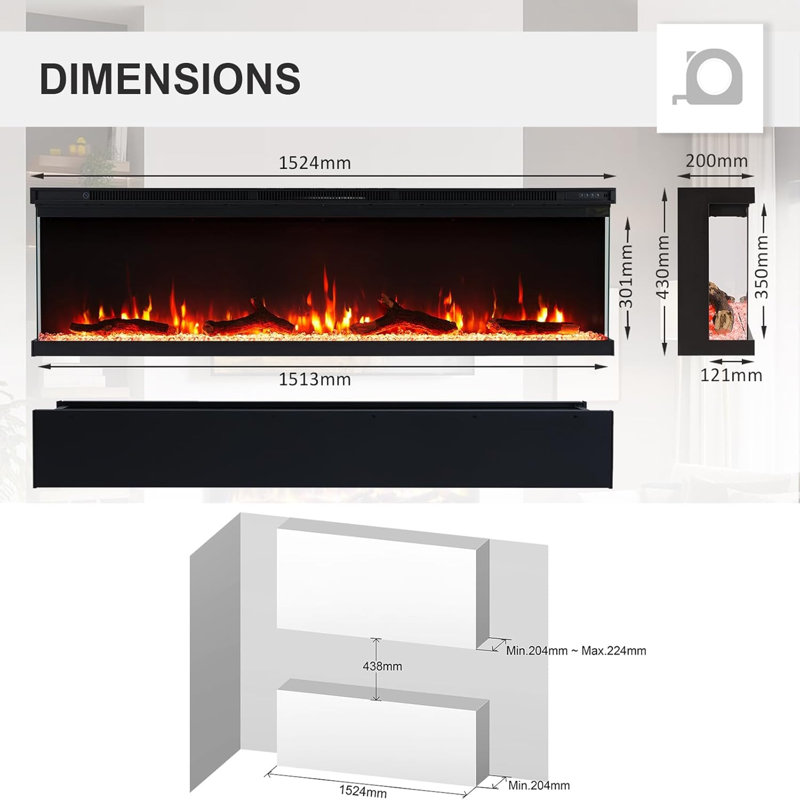 FLAMEKO Leura, 43cm H x 152cm W x 20cm D