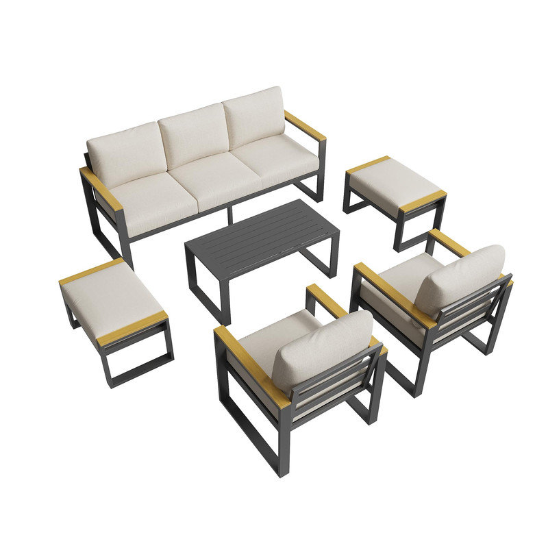 Ensemble de patio extérieur en aluminium 6 pièces, canapé de conversation 7 places avec table basse, canapé modulaire beige pour cour ou terrasse