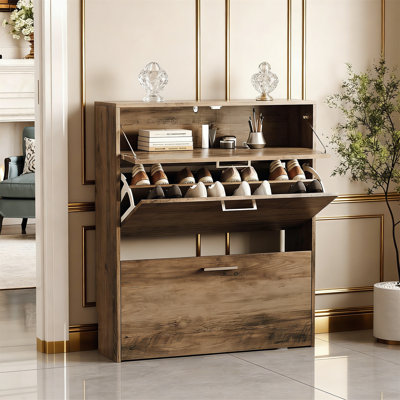 Grey Shoe Cabinet For Entryway, Slim Shoe Rack With 3 Flip Drawers, Rustic Washed Grey Wood, Narrow Hidden Organizer For Hallway, 9.5 Inch Depth