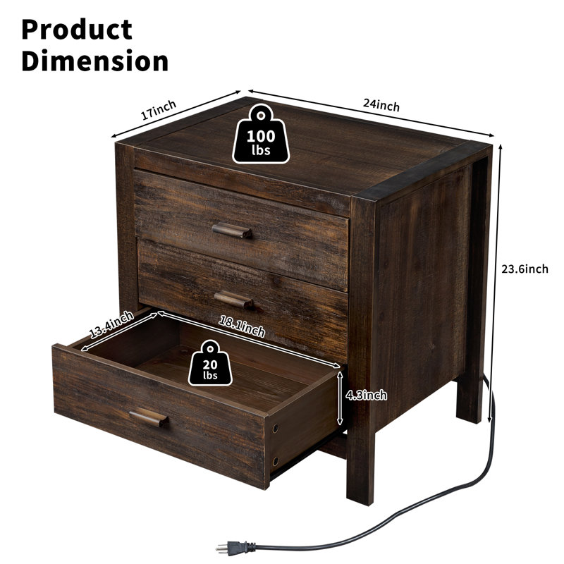 2pcs Brown Solid Wood Nightstand