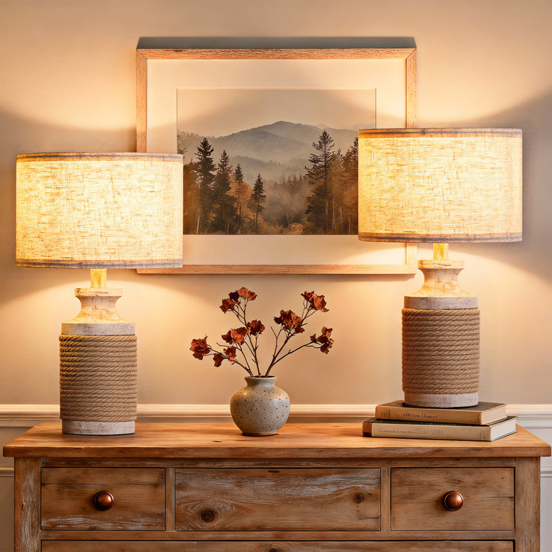 18.1" Solid Wood & Woven Rope Table Lamp Set (2-Pack) - Natural Nightstand Lamps For Bedroom, Living Room, Or Home Office