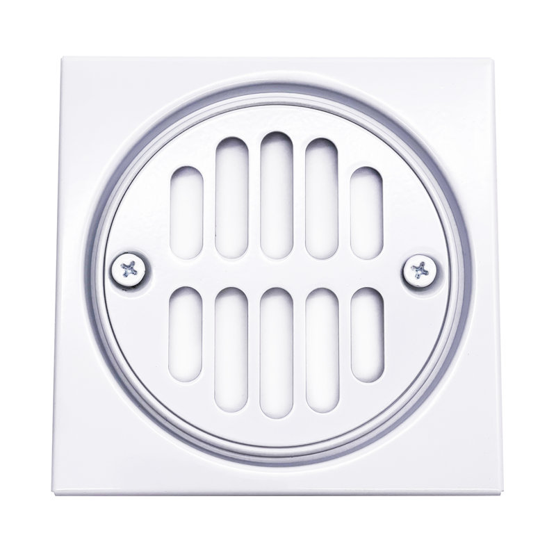 Square Brass Shower Tile with Round Grid Drain Cover and Crown Ring, Powder Coat White