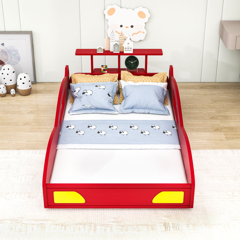 Lit plateforme simple en bois avec rails de sécurité, rangement intégré, conception en forme de voiture, Rouge / Jaune