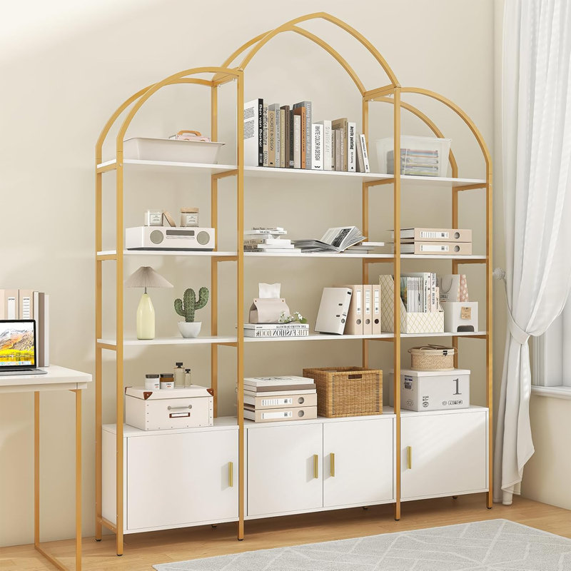 Arched Bookshelves and Bookcases: Triple Wide 5-Tier Large Open Bookshelf, White/Gold