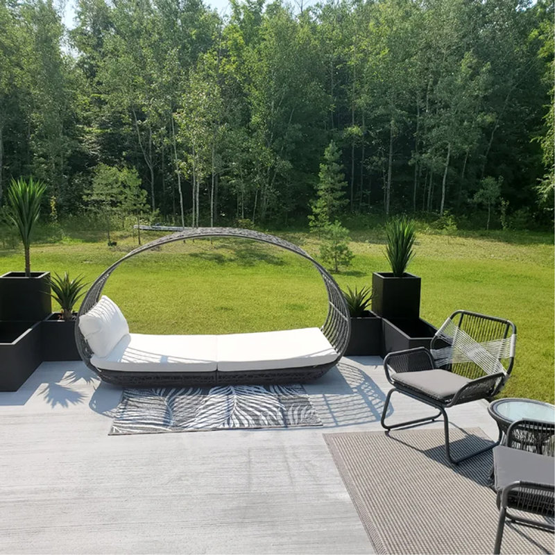 Gray and White Aluminum Wicker Outdoor Daybed with Cushions