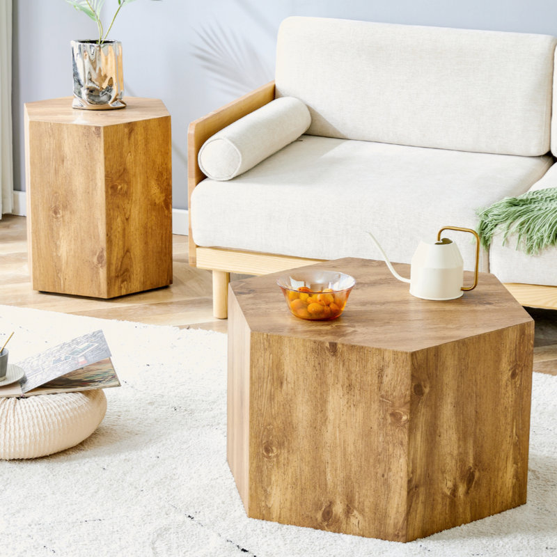 Modern Minimalist Set Of Two Hexagonal Wood-Grain MDF Coffee Tables.Modern MDF Coffee Table, With Complex Texture Patterns, Style And Texture Coffee Table To Redefine Your Interior Decoration.