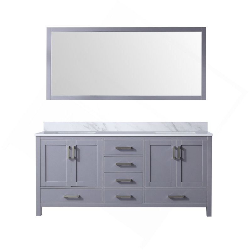 Meuble-lavabo double gris foncé de 72 po X P 22 po D, plateau en marbre de Carrare et Miroir