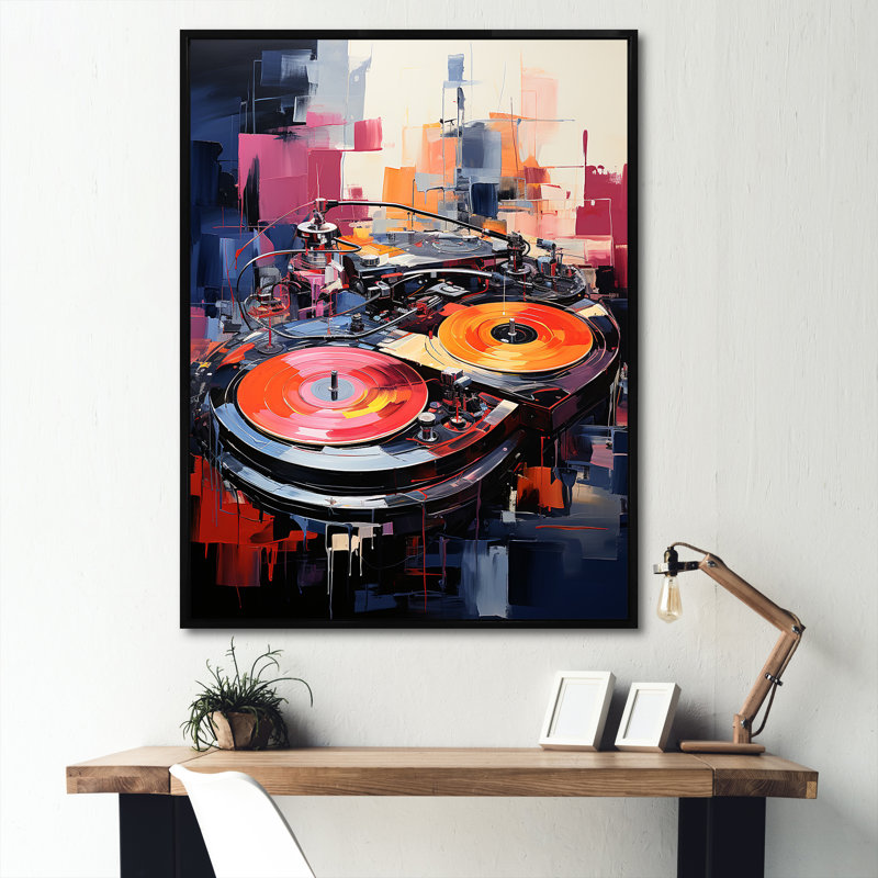 Pop Art Dj Turntables I - Art mural sur platines et boites, Cadre flottant noir, H 32 po x l 24 po x P 1 po