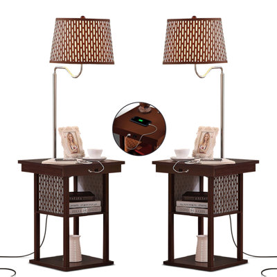 Brightech Madison 56 In. Modern Led Bedside Table Lamp With Fabric Drum Shade And Built-in Usb Port - Bundle S In Brown,brown