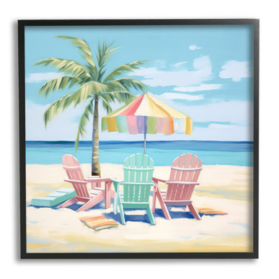 Bb-391-Framed Pastel Beach Umbrella Scene Framed On Wood by Irena Orlov Print